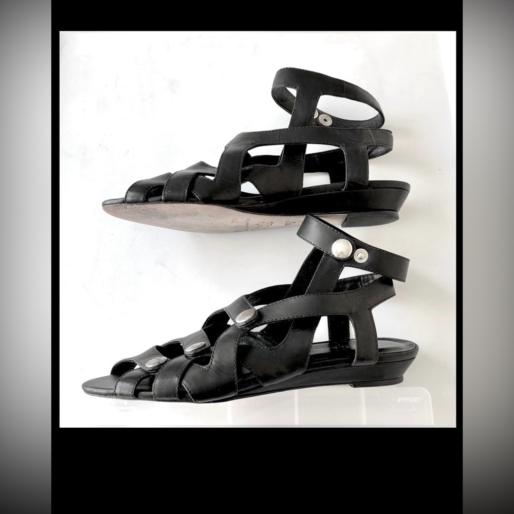 Loeffler Randall Caged Gladiator Black Leather Sandals Low 1” Wedge Heel Sz. 5.5